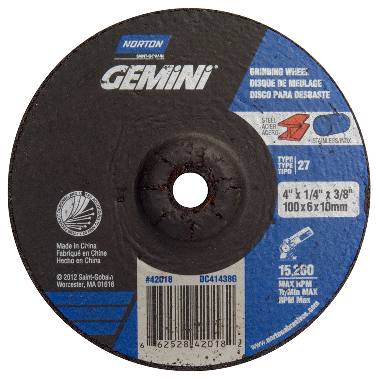 Picture of Norton Abrasives 4X1/4X3/8 T27 Gemini Grinding Wheel